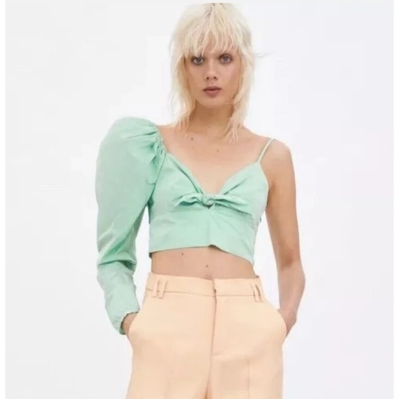 ZARA NEW LIMITED EDITION MINT PUFF SLEEVE ASYMMETRIC TOP SHIRT - Picture 1 of 15